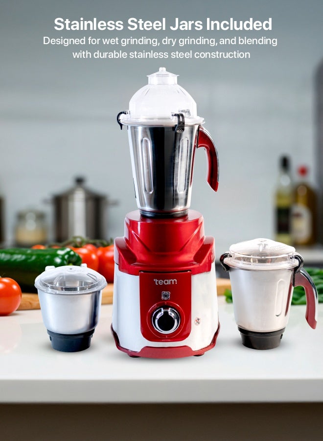 تيم TEAM 1200W Mixer Grinder with 3 Stainless Steel Jars | Heavy Duty Copper Motor | 3-Speed Control | ABS Body - Image 4